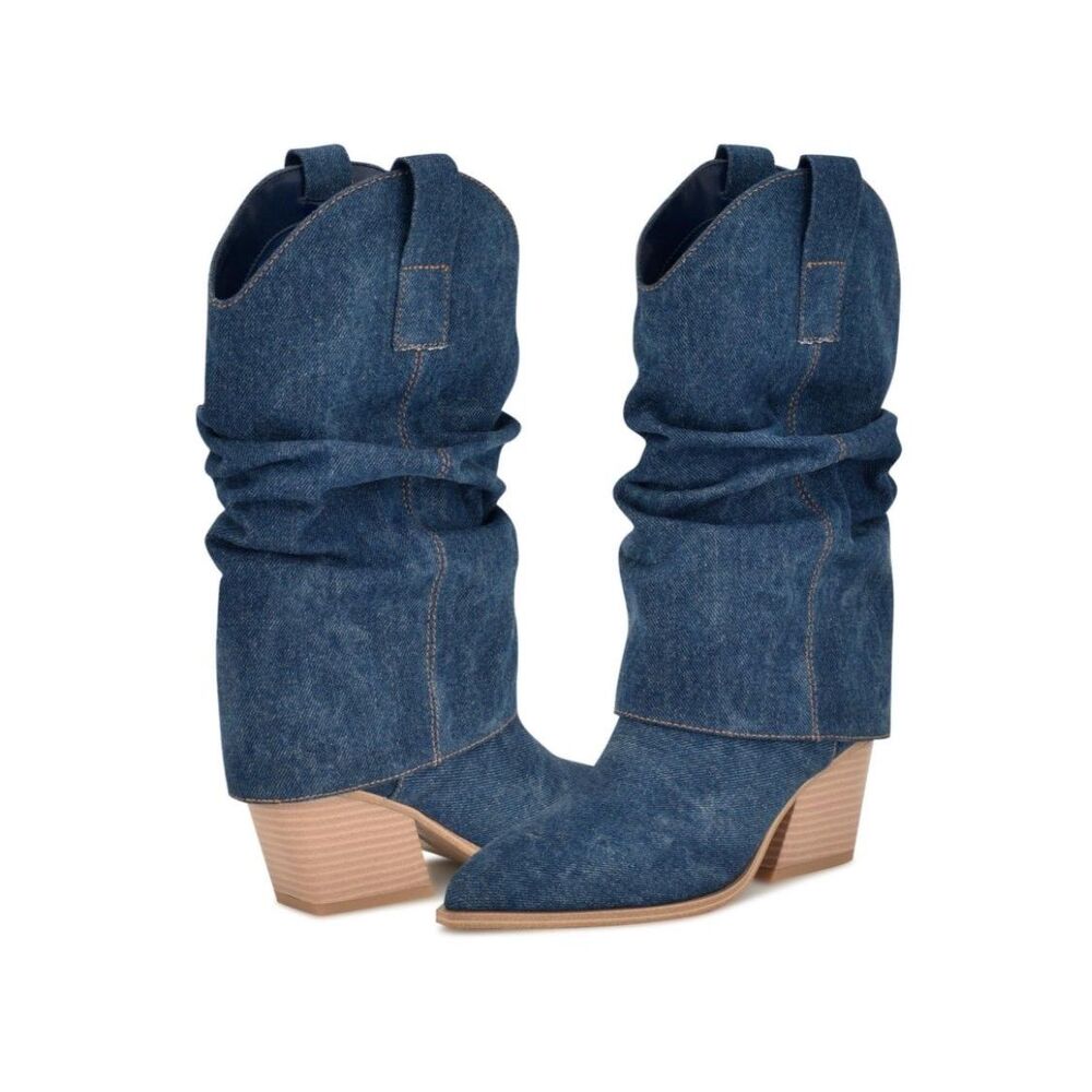 Nine West Denim Slouch Western Boots - Blue